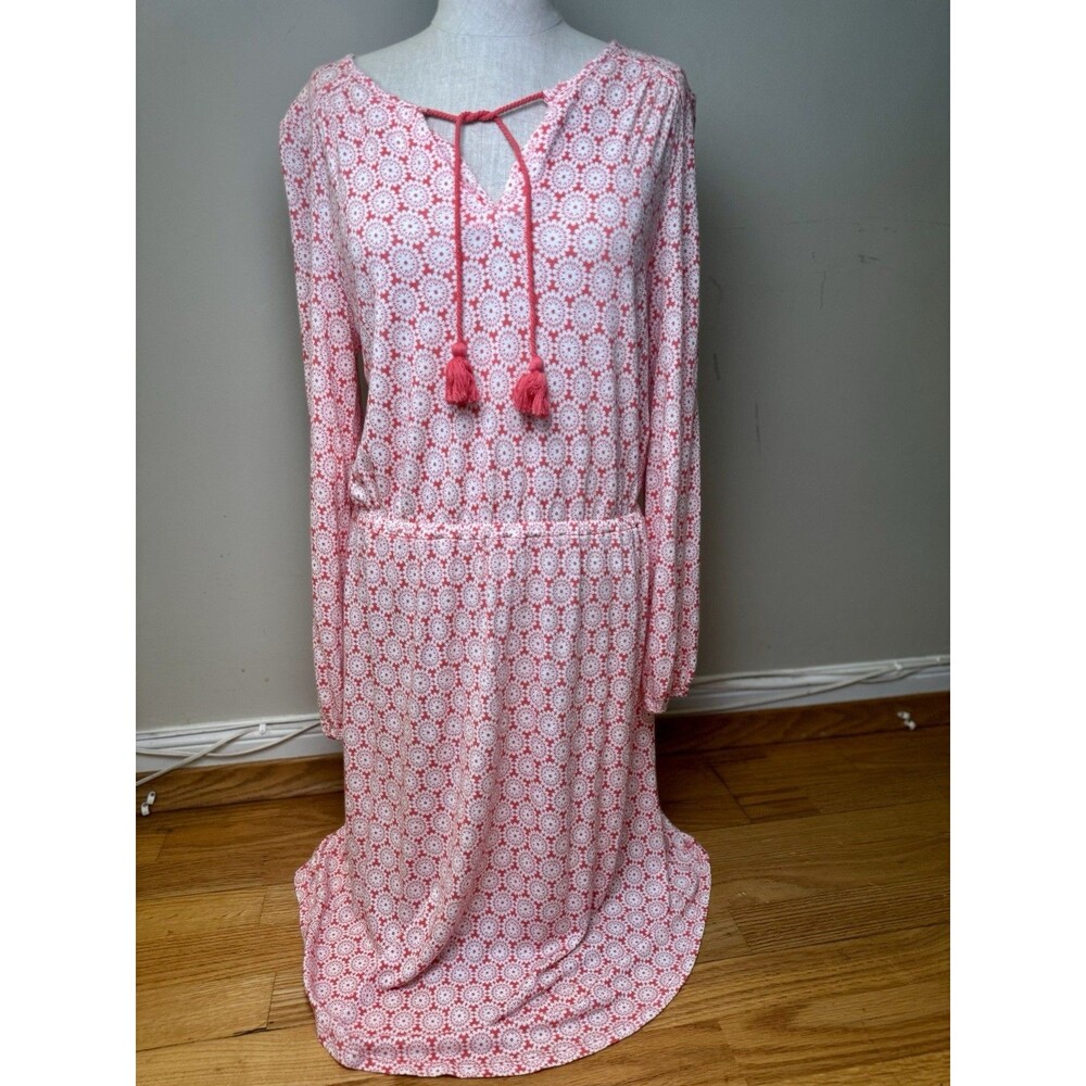 Boden Women's Linen Blend Coral Long Sleeve Dress Medallion Mandala Size 8L